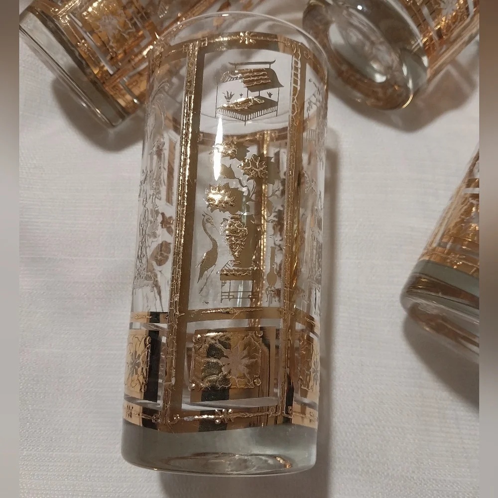 Culver Mid Century 22K Gold Chinoiserie Design Set of Four Highball Glasses